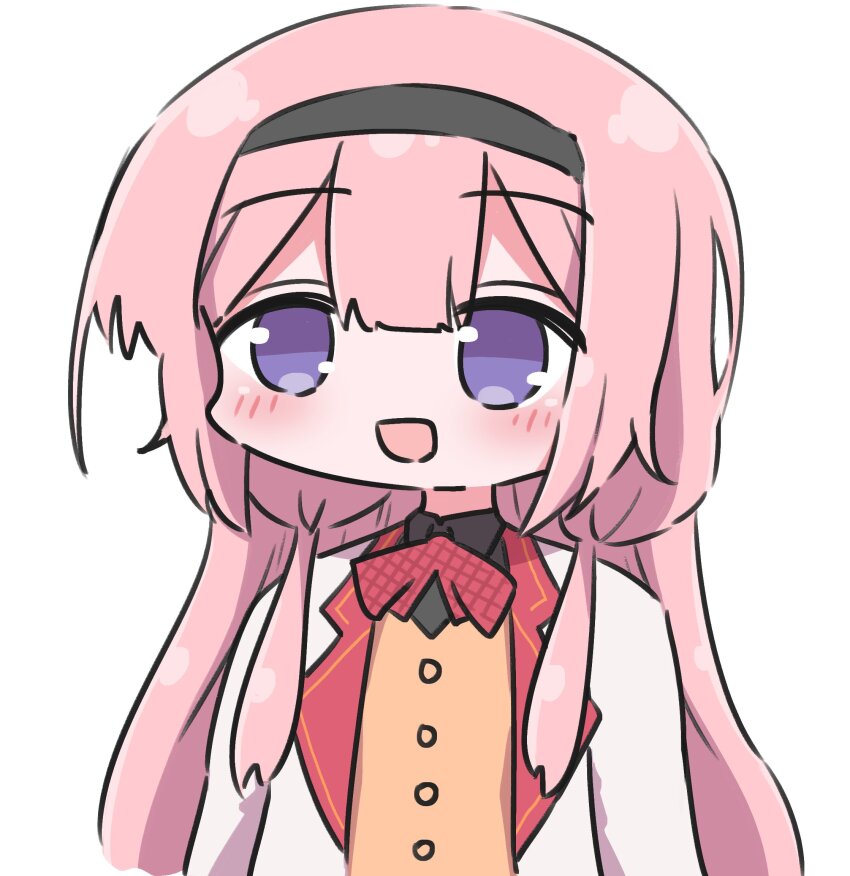 1girl black_hairband black_shirt blazer blue_eyes blush bow bowtie chibi hairband highres jacket long_hair looking_at_viewer nijisanji open_mouth pink_hair red_bow red_bowtie sg_need shirt simple_background solo suo_sango suo_sango_(1st_costume) vest virtual_youtuber white_background