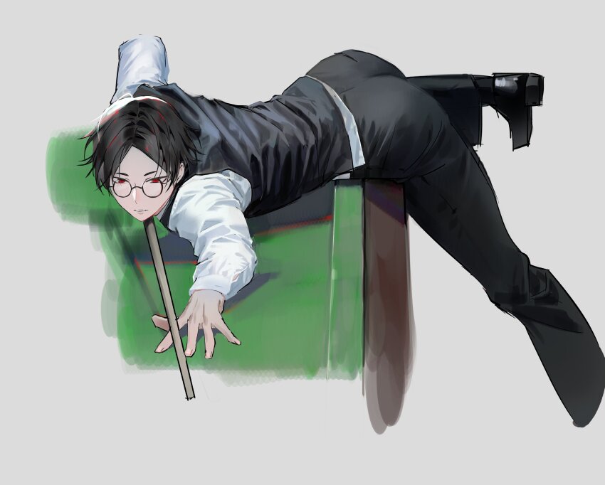 1boy absurdres aomi_(ooe) black_footwear black_hair black_pants black_vest commentary cue_stick dress_shoes english_commentary foot_out_of_frame glasses highres holding_cue_stick long_sleeves looking_ahead male_focus on_table ooe_(game) pants parted_lips photo-referenced pool_table red_eyes round_eyewear shirt short_hair solo table tk_(tksnim) vest white_shirt