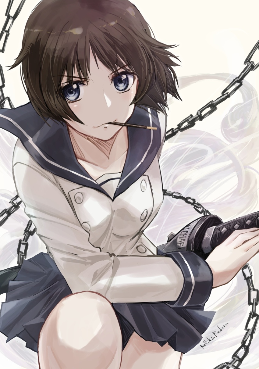 1girl artist_name blue_eyes blue_skirt brown_hair chain closed_mouth cowboy_shot food ga-rei ga-rei_zero highres jun_(rellik_&amp;_redrum) knee_up miniskirt pocky school_uniform serafuku short_hair skirt smirk solo sword tsuchimiya_kagura weapon