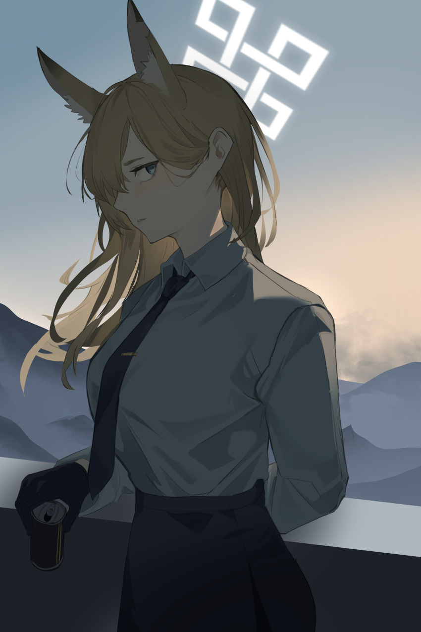 1girl absurdres animal_ears arm_behind_back black_gloves black_necktie black_skirt blonde_hair blue_archive blue_eyes breasts can closed_mouth collared_shirt commentary_request gloves hair_over_one_eye halo highres holding holding_can kanna_(blue_archive) large_breasts long_hair long_sleeves looking_at_viewer necktie one_eye_covered outdoors parted_lips profile shirt shirt_tucked_in skirt sky solo toriko_(honmono) upper_body white_halo white_shirt