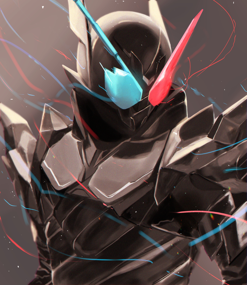 1boy armor black_armor black_background blue_eyes cino-momo hazard_trigger heterochromia highres kamen_rider kamen_rider_build kamen_rider_build_(series) male_focus profile rabbit+tank_form_(black_hazard) red_eyes solo tokusatsu