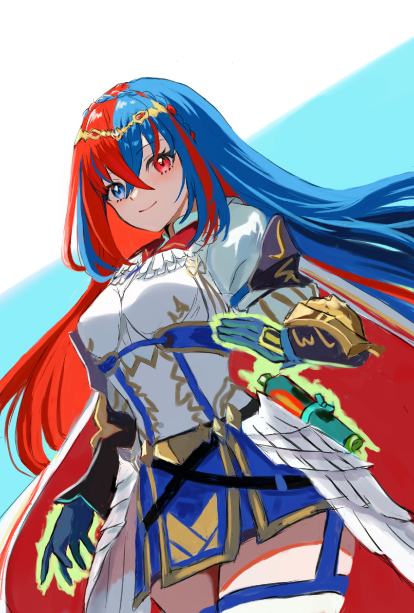 1girl female_alear_(fire_emblem) blue_eyes blue_gloves blue_hair cape closed_mouth cowboy_shot crossed_bangs female_alear_(awoken_divinity)_(fire_emblem) fire_emblem fire_emblem_engage fire_emblem_heroes gloves glowing glowing_hand hair_between_eyes heterochromia highres long_hair looking_at_viewer multicolored_hair nintendo official_alternate_costume red_eyes red_hair smile solo two-tone_hair very_long_hair yuurururun