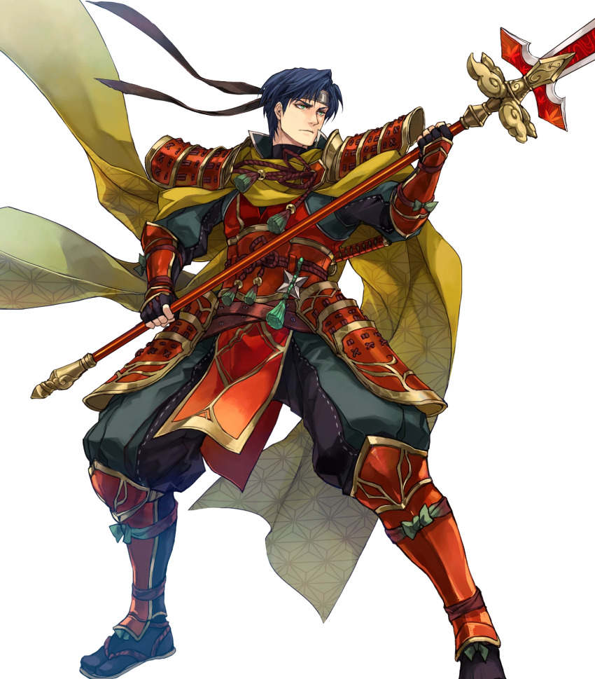 1boy armor attack black_gloves black_hair cape fingerless_gloves fire_emblem fire_emblem:_radiant_dawn fire_emblem_heroes gloves headband highres holding holding_polearm holding_weapon japanese_armor japanese_clothes nintendo non-web_source official_alternate_costume official_art pelvic_curtain polearm short_hair shoulder_armor solo v-shaped_eyebrows weapon yellow_cape zelgius_(fire_emblem) zelgius_(ninja)_(fire_emblem)