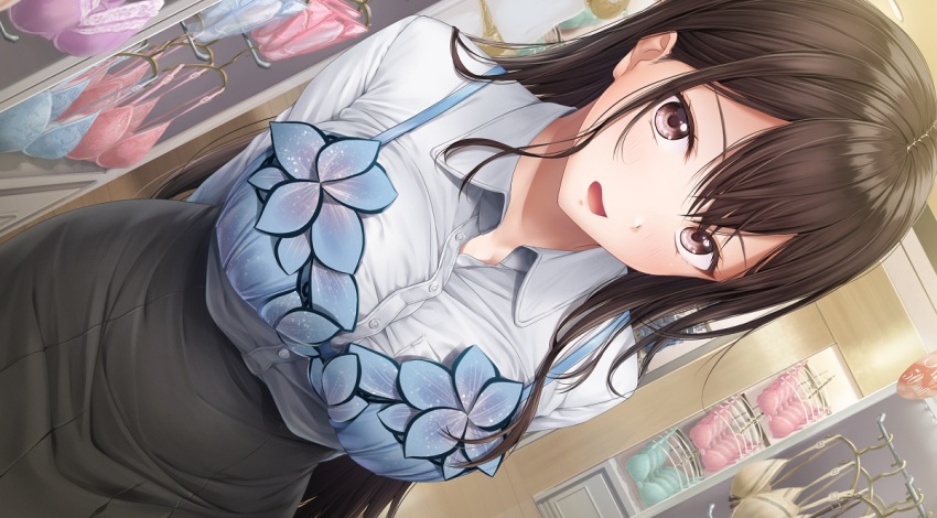 1girl arms_behind_back artist_request black_skirt blue_bra bra bra_over_clothes breasts brown_eyes brown_hair character_request collared_shirt commentary_request double-parted_bangs dress_shirt dutch_angle hair_between_eyes indoors large_breasts long_hair open_mouth pink_bra seifuku_kanojo seifukubu_love shirt skirt smile solo underwear white_shirt