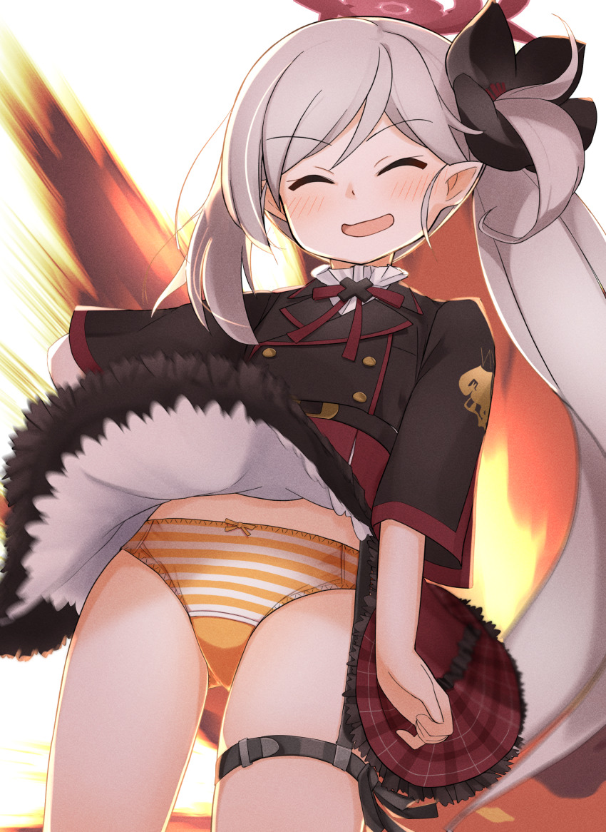 ^_^ black_shirt blue_archive blurry blush bow bow_panties closed_eyes cowboy_shot flower frilled_shirt_collar frilled_skirt frills from_below grey_hair hair_flower hair_ornament hair_scrunchie highres long_hair motion_blur mutsuki_(blue_archive) neck_ribbon open_mouth orange_background orange_panties panties plaid_clothes plaid_skirt red_ribbon red_skirt ribbon scrunchie shirt short_sleeves side_ponytail skirt smile striped_clothes striped_panties swept_bangs thigh_strap underwear upskirt wind wind_lift yotubawatane