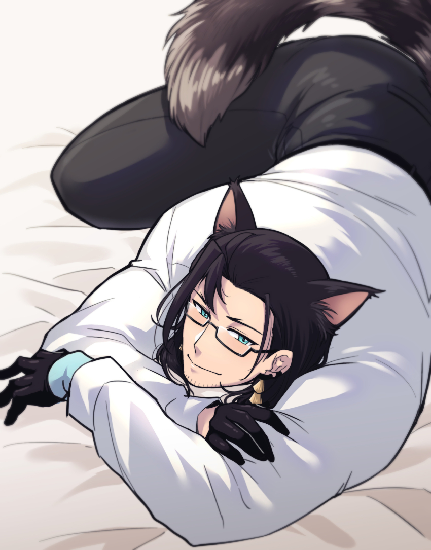 1boy amehigejz animal_ears beard_stubble bed_sheet black_hair black_pants blue_eyes blush cat_boy cat_ears cat_tail commentary crossed_arms earrings english_commentary facial_hair glasses gloves highres holostars holostars_english jewelry josuiji_shinri josuiji_shinri_(2nd_costume) light_blush long_hair looking_at_viewer lying male_focus mature_male muscular muscular_male official_alternate_costume official_alternate_hairstyle on_bed on_stomach pants smile solo stubble sweater tail tassel tassel_earrings virtual_youtuber white_sweater