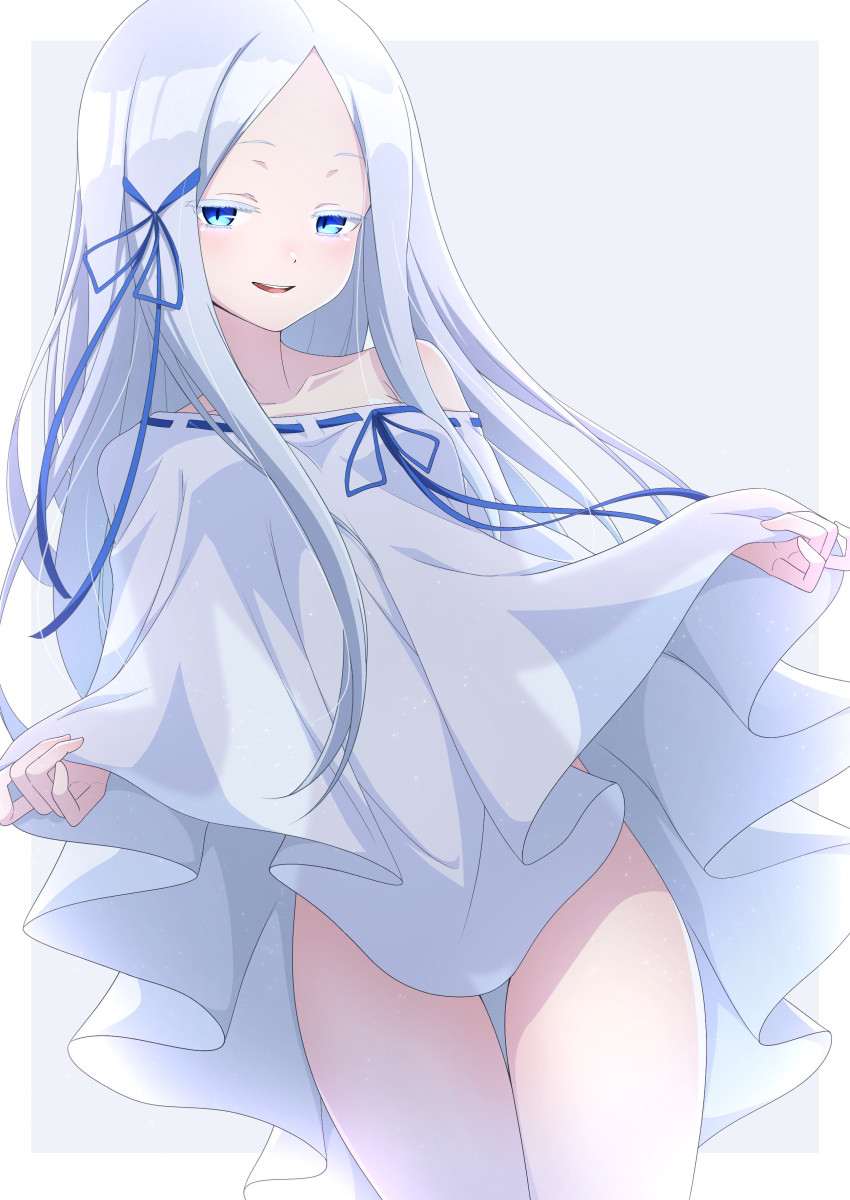 1girl absurdres dress highres long_hair looking_at_viewer nishizuki_shino off_shoulder open_mouth pandora_(re:zero) re:zero_kara_hajimeru_isekai_seikatsu ribbon-trimmed_dress ribbon_trim simple_background smile solo white_background white_dress