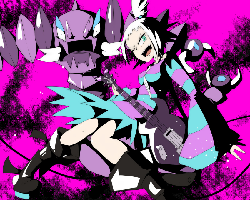 10s boots drapion gen_4_pokemon green_eyes guitar gym_leader instrument nintendo pokemon pokemon_(creature) pokemon_bw2 roxie_(pokemon) shirt striped_clothes striped_shirt tenkomori_(bug_kura) topknot