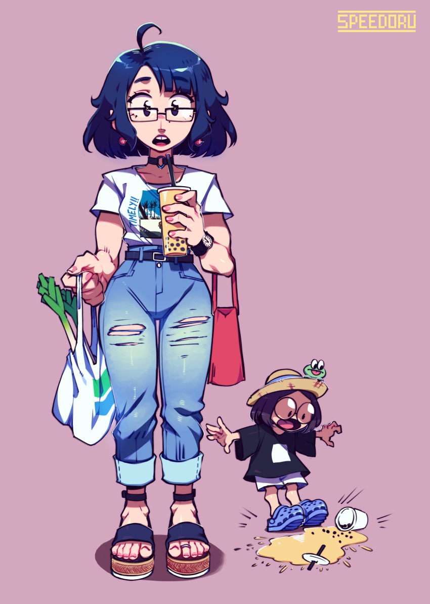 2girls absurdres ahoge bag belt black-framed_eyewear black_belt black_eyes black_hair black_shirt blue_footwear blue_hair bubble_tea choker collarbone crocs cup denim drinking_straw earrings elbow_carry familymart floating_earring frog glasses highres holding holding_bag holding_cup jeans jewelry looking_at_viewer matsumoto_gogo matsumoto_nono multiple_girls pants plastic_bag punch_punch_forever! rectangular_eyewear round_eyewear sandals shirt short_hair short_sleeves siblings sisters speedoru spill spring_onion standing teeth torn_clothes torn_jeans torn_pants upper_teeth_only white_shirt