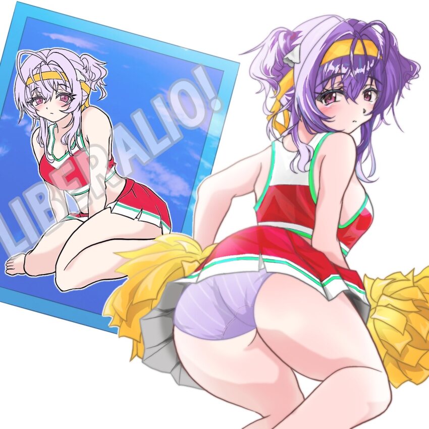 1girl alternate_costume artist_request ass ass_focus bare_shoulders barefoot blush breasts cheerleader embarrassed from_behind goddess_of_victory:_nikke hairband liberalio_(nikke) long_hair looking_at_viewer looking_back miniskirt panties purple_hair red_eyes sitting skirt solo thick_thighs thighs underwear wariza