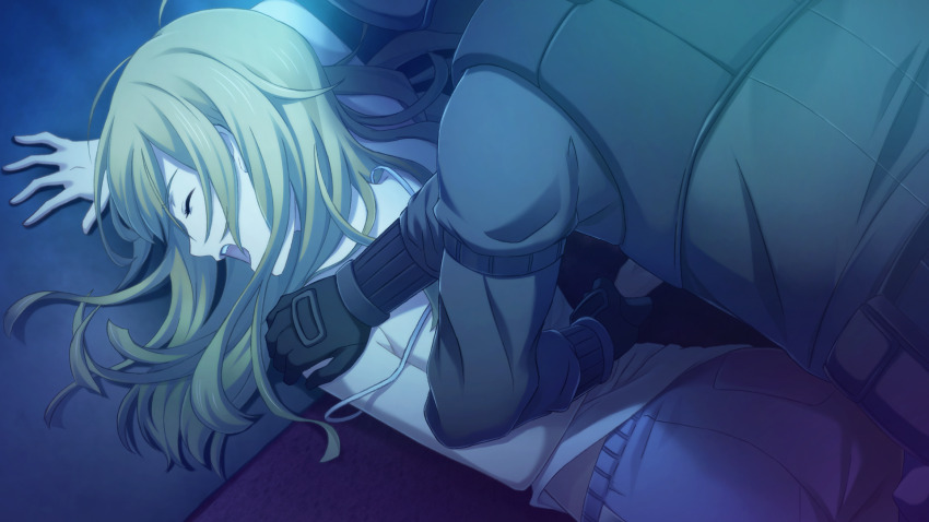 1boy 1girl ambush antenna_hair arm_behind_back arm_strap back bare_shoulders belt_pouch black_gloves blonde_hair blue_shorts bulletproof_vest carpet closed_eyes fukuda_tomonori game_cg gloves grey_jacket hair_down hand_on_another&#039;s_shoulder hand_on_floor helmet highres holding_another&#039;s_wrist immobilization indoors jacket koujiro_frau long_hair loungewear lying messy_hair non-web_source official_art on_person on_stomach open_mouth pouch restrained robotics;notes screaming shirt shorts shoulder_grab shouting strap_pull tactical_clothes tank_top white_shirt white_tank_top