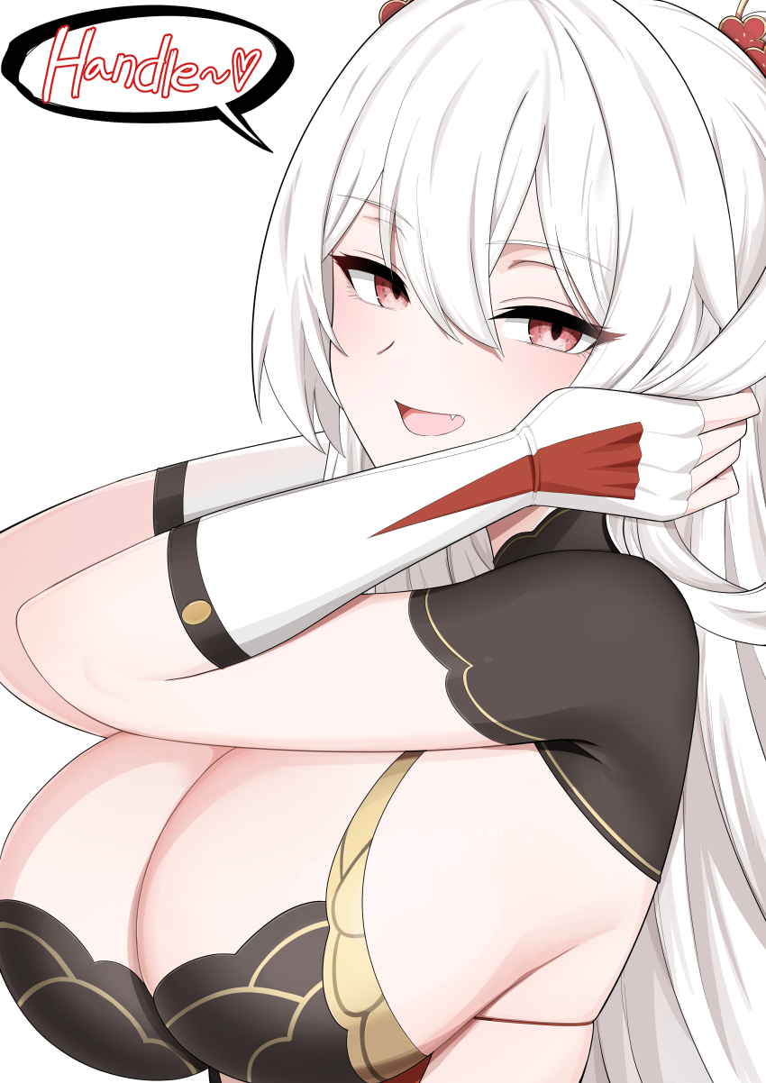 1girl absurdres bikeibikei breasts cleavage commentary commentary_request english_commentary english_text fingerless_gloves from_side gloves highres honkai_(series) honkai_impact_3rd large_breasts official_alternate_costume open_mouth sideboob simple_background solo speech_bubble theresa_apocalypse theresa_apocalypse_(luna_kindred) theresa_apocalypse_(lunar_vow:_crimson_love) theresa_apocalypse_(redolent_in_red) twintails upper_body white_background white_gloves white_hair