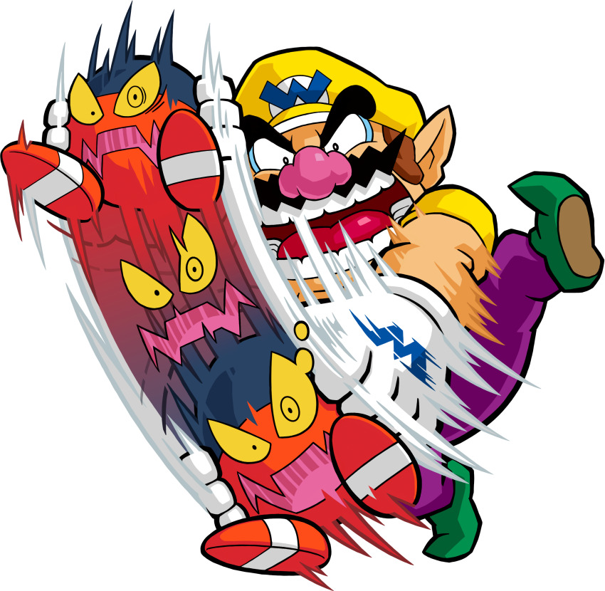 1boy absurdres bandinero big_nose facial_hair gloves green_footwear hat highres motion_lines mustache nintendo official_art overalls pointy_ears purple_overalls shirt thick_eyebrows third-party_source wario wario_land wario_land:_shake_it! white_gloves yellow_eyes yellow_hat yellow_shirt