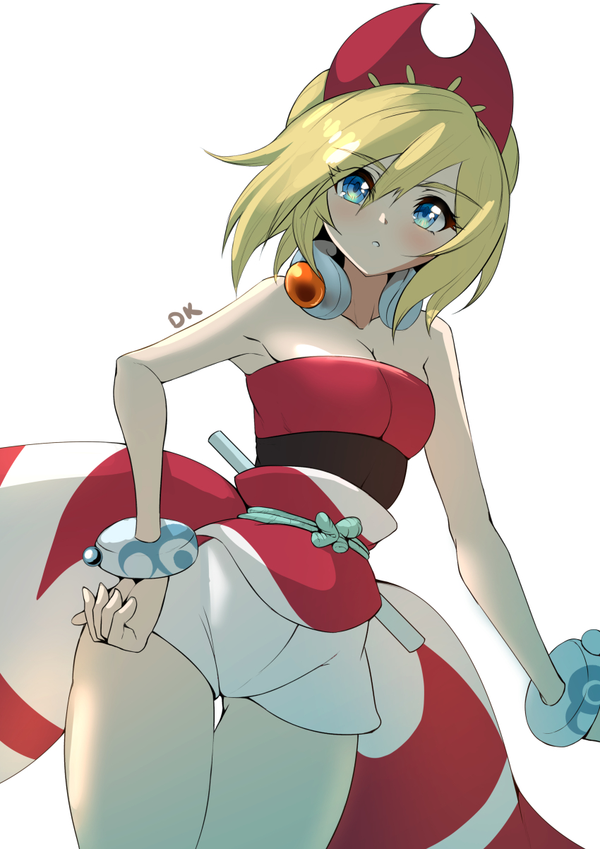 1girl absurdres blonde_hair blue_eyes blush breasts cleavage collarbone deekei hair_between_eyes hand_on_own_hip hashtag-only_commentary highres irida_(pokemon) medium_breasts medium_hair nintendo pokemon pokemon_legends:_arceus shorts simple_background solo standing thigh_gap thighs white_background white_shorts