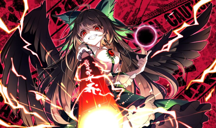 1girl arm_cannon bird_wings black_wings bow brown_hair collared_shirt commentary cowboy_shot feathered_wings foreshortening frilled_shirt frilled_shirt_collar frilled_skirt frilled_sleeves frills green_bow green_skirt grin hair_bow highres index_finger_raised long_hair midriff_peek pointing pointing_up puffy_short_sleeves puffy_sleeves radiation_symbol red_eyes reiuji_utsuho shaded_face shirt short_sleeves sign skirt smile solo third_eye touhou very_long_hair weapon white_shirt wings yamanakaume