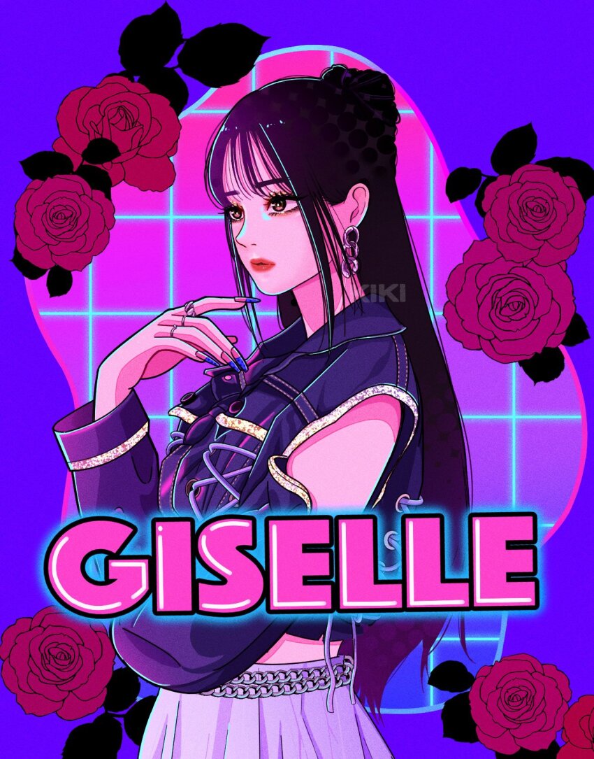1girl aespa artist_name_(singer) black_hair blunt_bangs closed_mouth commentary_request earrings flower giselle_(aespa) hair_bun half_updo highres jewelry k-pop looking_ahead profile real_life red_flower red_lips red_rose ring rose sail_ofhope sidelocks solo