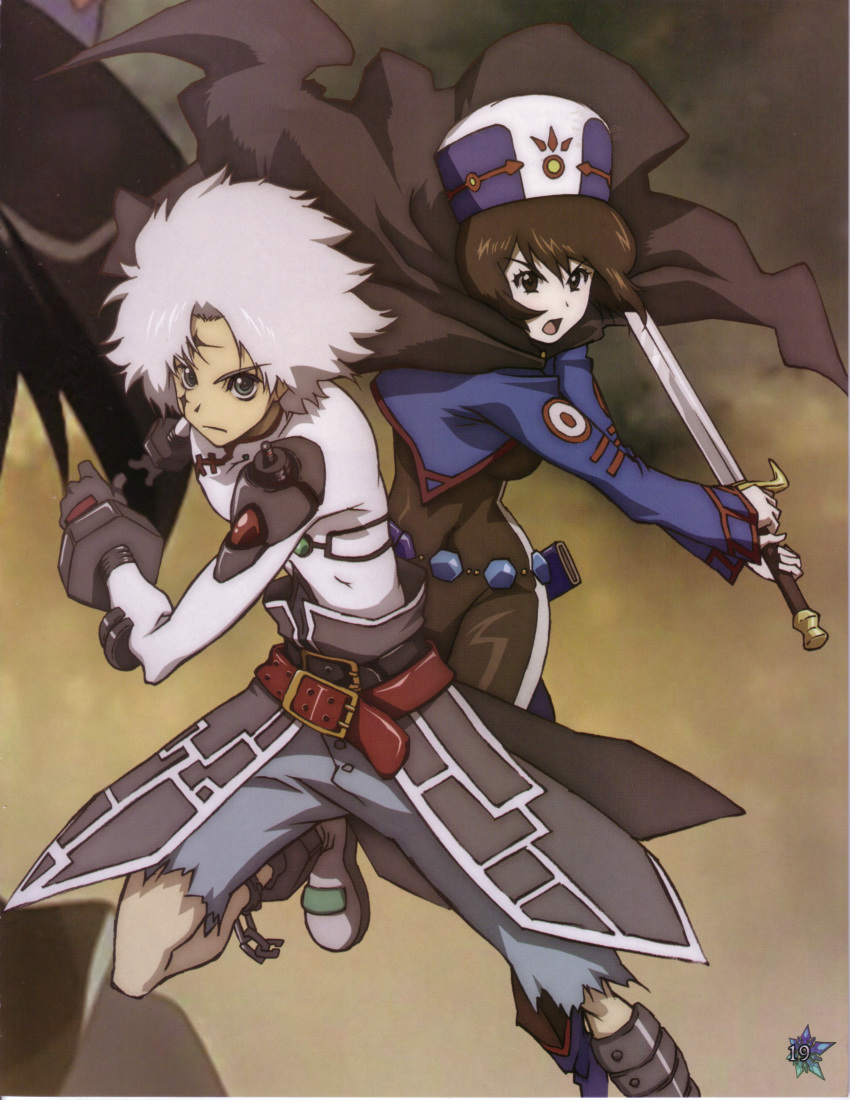 1boy 1girl absurdres aqua_eyes back-to-back battle belt black_hair bob_cut bodysuit boots brown_background brown_eyes cape chain chloe_valens cuffs gloves highres nakazawa_kazuto official_art open_mouth scan senel_coolidge short_hair shorts skin_tight sword tales_of_(series) tales_of_legendia torn_clothes weapon white_hair