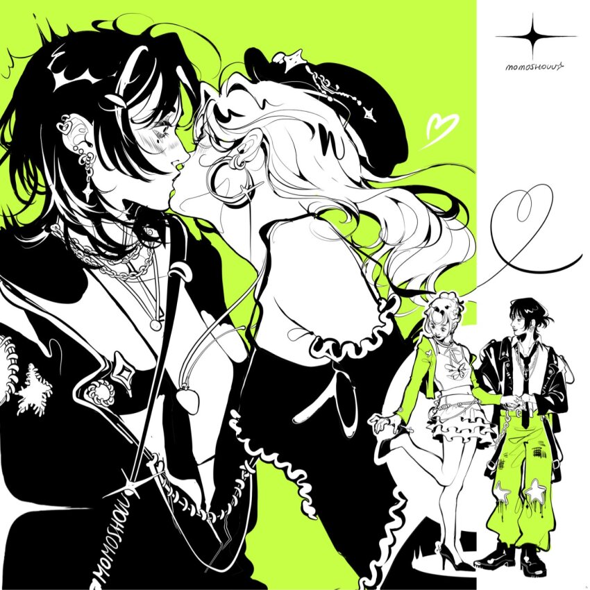 2girls baggy_pants blush camisole chain chain_necklace child ear_piercing earrings green_background greyscale_with_colored_background hat high_heels highres hoop_earrings jacket jewelry kininatteru_hito_ga_otoko_ja_nakatta koga_mitsuki long_hair momoshouu multiple_girls necklace necktie oosawa_aya pants piercing shirt signature skirt yuri
