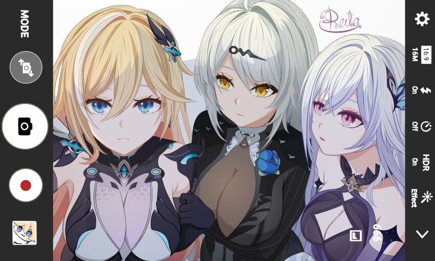 3girls absurdres armor armored_dress armored_leotard bare_shoulders black_unitard blonde_hair blue_eyes blue_flower blue_rose bodystocking breasts cleavage cleavage_cutout clothing_cutout dress durandal_(honkai_impact) durandal_(palatinus_equinox)_(honkai_impact) flower flower_on_chest genshin_impact grey_hair hair_between_eyes hair_ornament highres honkai_(series) honkai_impact_3rd large_breasts leotard looking_at_viewer multicolored_hair multiple_girls niireila noto_mamiko official_alternate_costume pink_eyes rose skirk_(genshin_impact) streaked_hair taking_picture upper_body voice_actor_connection white_hair yellow_eyes yixuan_(zenless_zone_zero) yixuan_(trails_of_ink)_(zenless_zone_zero) zenless_zone_zero