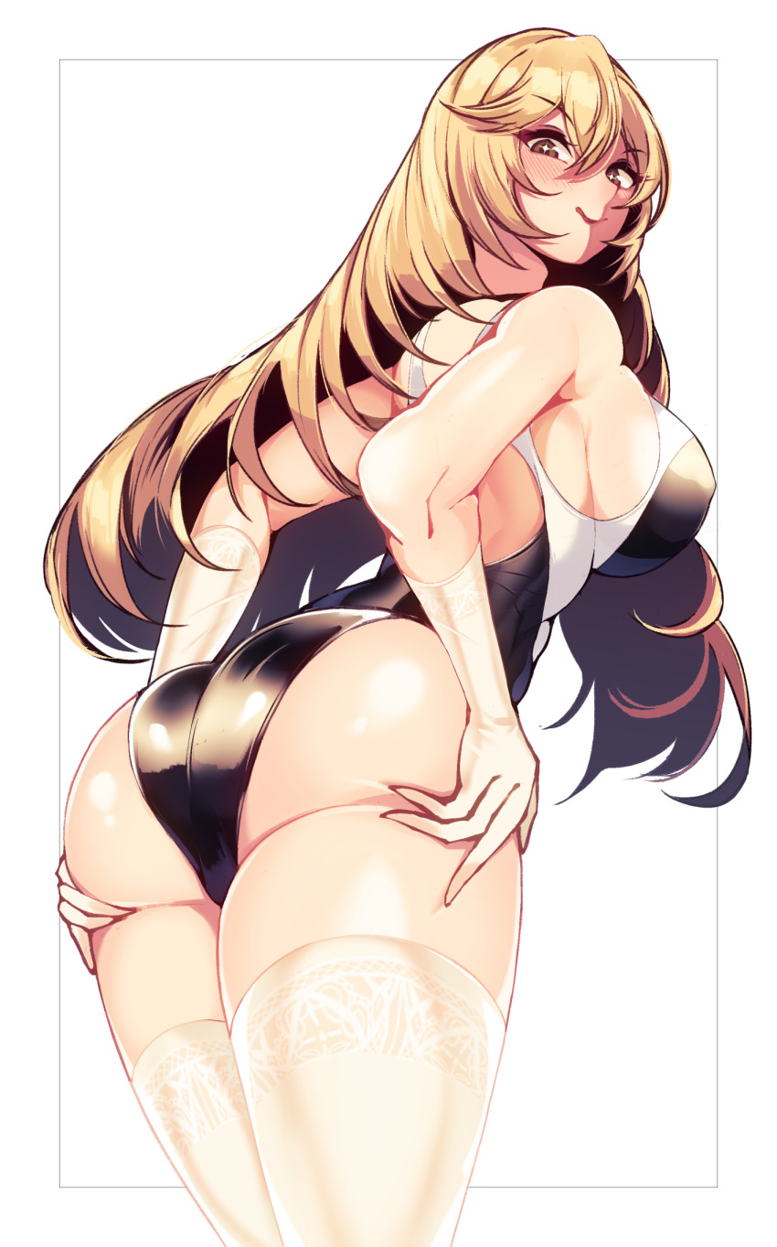 1girl ass black_one-piece_swimsuit blonde_hair breasts competition_swimsuit elbow_gloves from_behind gloves grabbing_own_ass hair_between_eyes highleg highleg_one-piece_swimsuit highres large_breasts long_hair looking_at_viewer looking_back matching_hair/eyes one-piece_swimsuit school_swimsuit shokuhou_misaki solo star-shaped_pupils star_(symbol) swimsuit symbol-shaped_pupils thighhighs toaru_kagaku_no_mental_out toaru_kagaku_no_railgun toaru_majutsu_no_index toaru_majutsu_no_index_gaiden:_toaru_kagaku_no_mental_out tokiwadai_school_swimsuit volyz white_background white_gloves white_thighhighs yellow_eyes