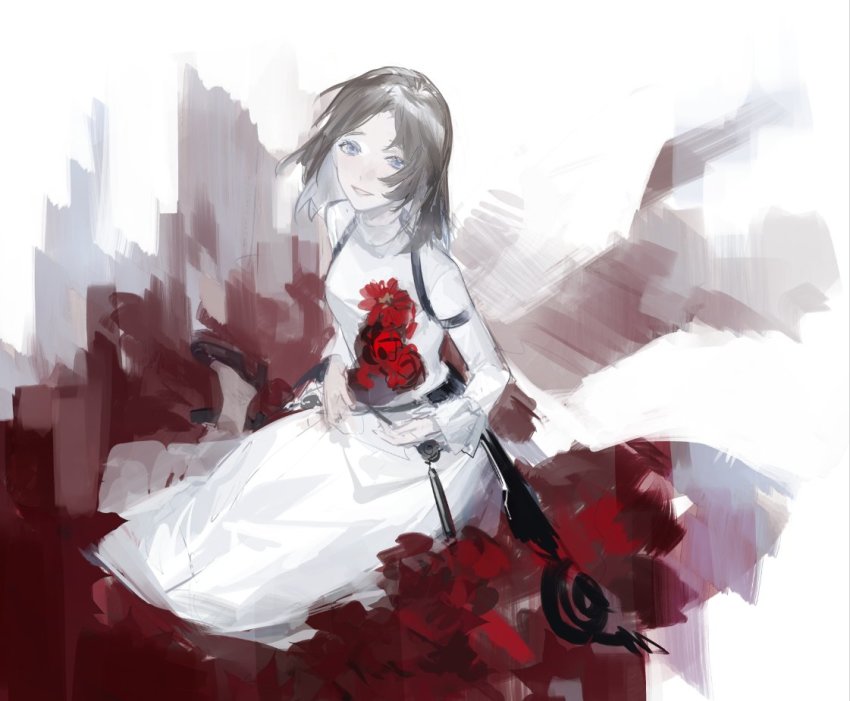 1girl blue_eyes brown_hair drag-on_dragoon drag-on_dragoon_1 dress flower furiae high_heels legs_together long_hair long_sleeves medium_hair meru02295238 parted_lips red_flower sitting smile solo white_dress yokozuwari