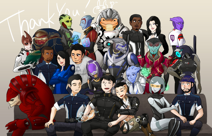 6+boys 6+girls alien android aria_t&#039;loak_(mass_effect) arm_hug armor asari_(mass_effect) ashley_williams aura baby bald baseball_cap black_hair blue_eyes blue_skin blush bodysuit colored_skin commander_shepard commander_shepard_(male) couch couple dark-skinned_male dark_skin edi_(mass_effect) eve_(mass_effect) everyone extra_eyes facial_hair falere full-body_tattoo garrus_vakarian geth goatee green_skin grey_skin group_picture grunt_(mass_effect) hat holding_hands holographic_monitor humanoid_robot interlocked_fingers jack_(mass_effect) jacob_taylor james_vega javik_(mass_effect) joints joker_(mass_effect) kaidan_alenko kolyat_krios krogan legion_(mass_effect) liara_t&#039;soni mass_effect_(series) mass_effect_3 military military_uniform miranda_lawson mordin_solus multiple_boys multiple_girls mustache photo_(object) ponytail power_armor purple_skin quarian rila robot robot_joints salarian samara_(mass_effect) sawa_(saza) scouter short_ponytail sitting sparkle steve_cortez sweatdrop tali&#039;zorah tattoo thane_krios thank_you time_paradox turian urdnot_bakara urdnot_grunt urdnot_wrex very_dark_skin