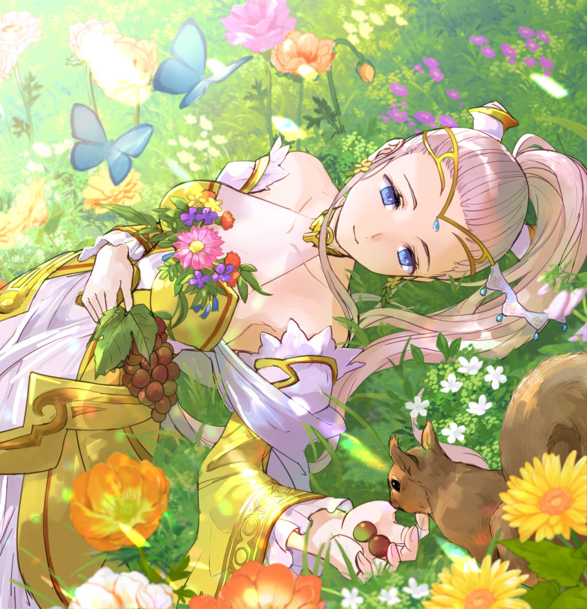1girl blue_eyes bug butterfly commission commissioner_upload dress eir_(fire_emblem) eir_(life_ascendant)_(fire_emblem) field fire_emblem fire_emblem_heroes flower flower_field food fruit grass highres holding holding_food holding_fruit insect long_hair long_sleeves lying minorudonguri nintendo on_back on_grass ponytail skeb_commission solo squirrel sunflower tiara very_long_hair white_dress white_hair yellow_dress