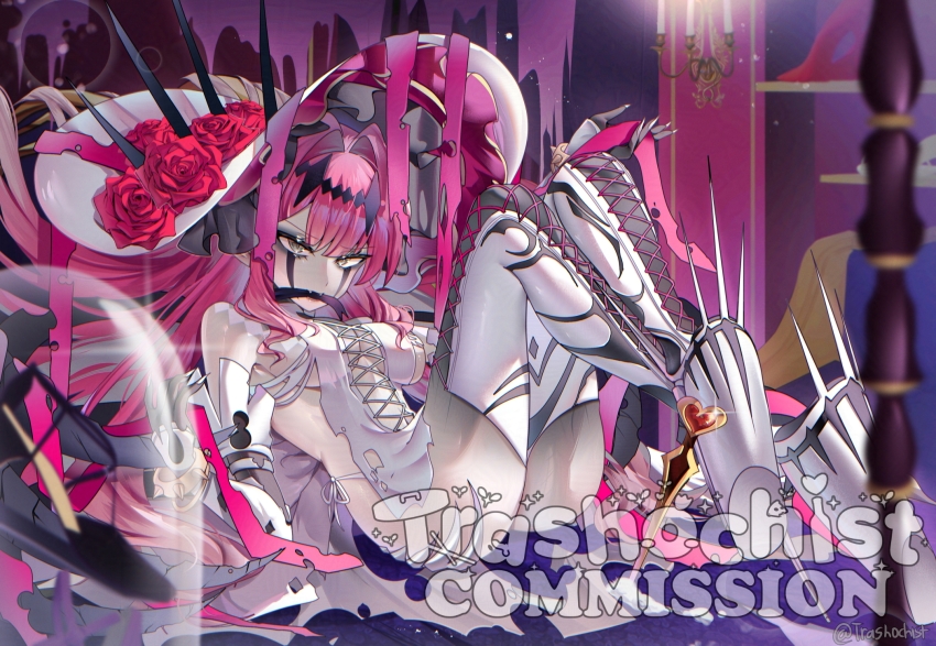1girl ass baobhan_sith_(fate) baobhan_sith_(third_ascension)_(fate) boots breasts cleave_gag cloth_gag commission dress facial_mark fangs fate/grand_order fate_(series) flower frilled_hat frills full_body gag gagged grey_eyes hair_ornament hat hat_flower high_heel_boots high_heels highres improvised_gag knees_up long_hair looking_at_viewer pink_hair platform_boots platform_heels pointy_ears red_flower sidelocks solo spiked_boots thigh_boots trashochist vgen_commission watermark white_dress white_hat