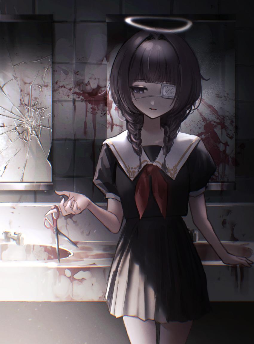 1girl absurdres bathroom blood blood_on_wall blood_splatter broken_mirror crack cracked_glass eyepatch highres mirror moduku open_mouth original pleated_skirt school_uniform scissors skirt smile solo