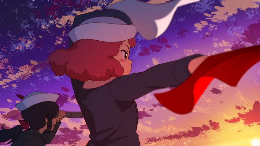 2girls arm_up black_coat black_hair blue_jacket blurry blurry_background blurry_foreground blush_stickers bow cloud cloudy_sky coat curly_hair dark-skinned_female dark_skin depth_of_field dixie_cup_hat girls_und_panzer gradient_sky hair_bow hat highres holding holding_telescope jacket long_hair long_sleeves military military_hat military_uniform multicolored_sky multiple_girls ogin_(girls_und_panzer) one-hour_drawing_challenge ooarai_military_uniform orange_sky ponytail purple_sky red_bow red_eyes red_hair rum_(girls_und_panzer) semaphore_flags shinmai_(kyata) short_hair sky standing telescope twilight white_headwear