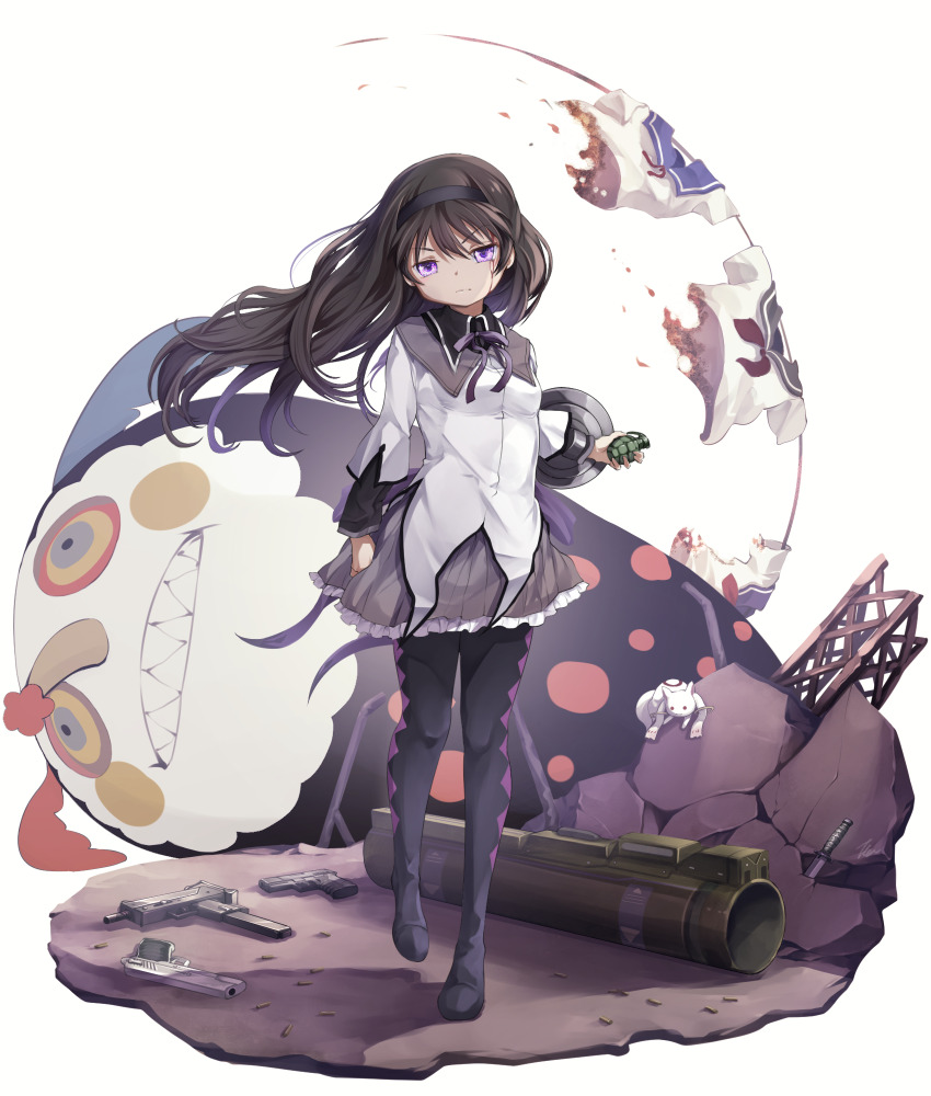 1girl akemi_homura akemi_homura_(magical_girl) argyle_clothes argyle_legwear bazooka black_footwear black_hair black_hairband black_pantyhose breasts charlotte_(madoka_magica) closed_mouth combat_knife commentary embers explosive girder grenade gun hairband handgun highres holding holding_grenade knife kyubey long_hair long_sleeves mac-10/11 magical_girl mahou_shoujo_madoka_magica mahou_shoujo_madoka_magica_(anime) microskirt neck_ribbon pantyhose pistol purple_eyes purple_ribbon purple_skirt ribbon sailor_collar school_uniform serafuku shell_casing shield shirt shoes skirt small_breasts submachine_gun taka.yana weapon white_shirt