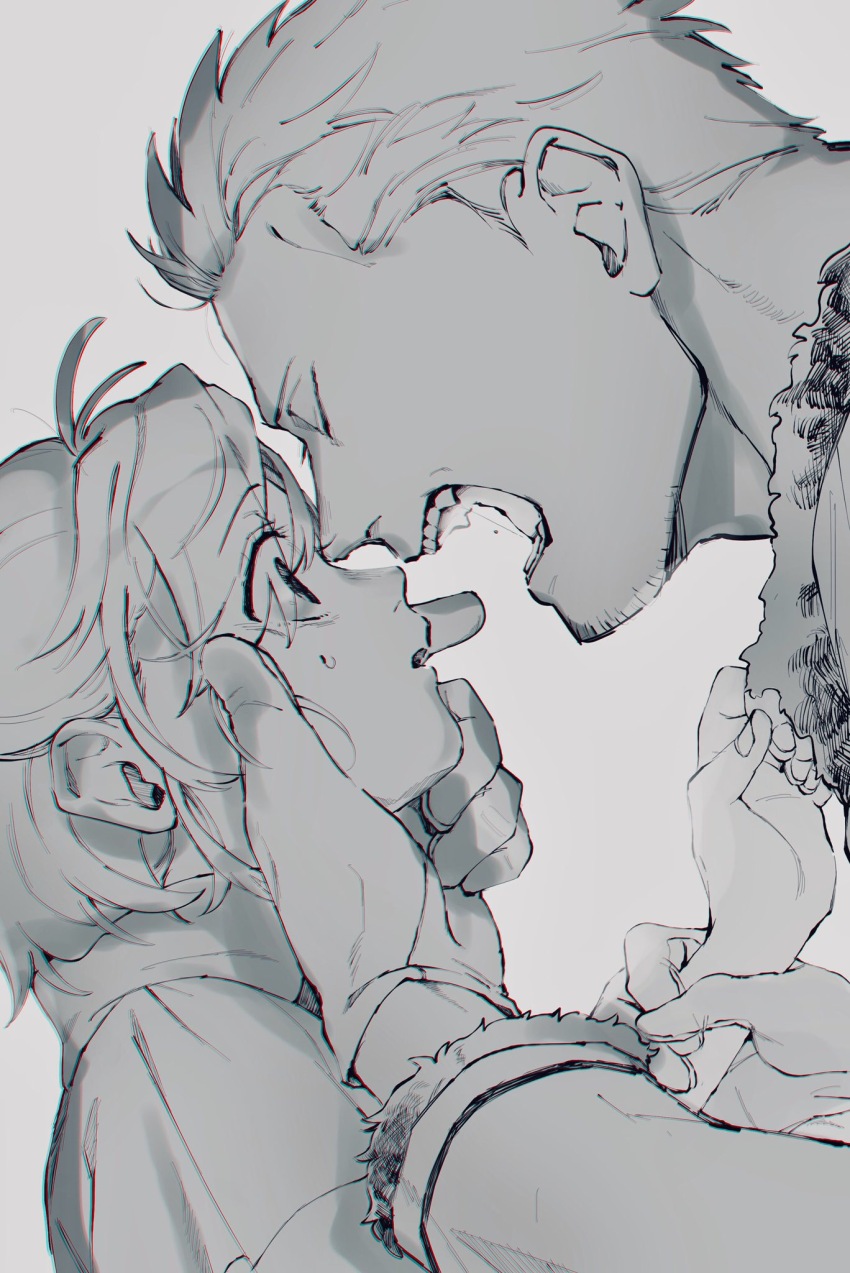 1boy 1girl antenna_hair closed_eyes commentary_request couple facing_another gloves greyscale hand_on_another&#039;s_chin hetero highres holding_another&#039;s_wrist imminent_kiss kabane_(rjev8385) long_sleeves looking_at_another monochrome nervous_sweating oc_x_canon one_piece open_mouth original parted_lips profile scared short_hair smoker_(one_piece) sweat upper_body wide-eyed