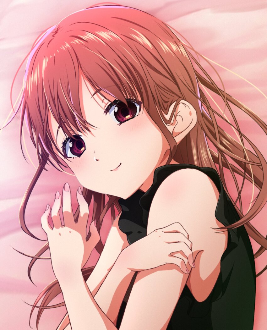 22/7 absurdres alternate_hairstyle black_shirt brown_eyes brown_hair closed_mouth from_above hair_between_eyes hair_down highres igashiko long_hair lying on_bed on_side sera_honoka shirt sleeveless sleeveless_shirt smile solo upper_body