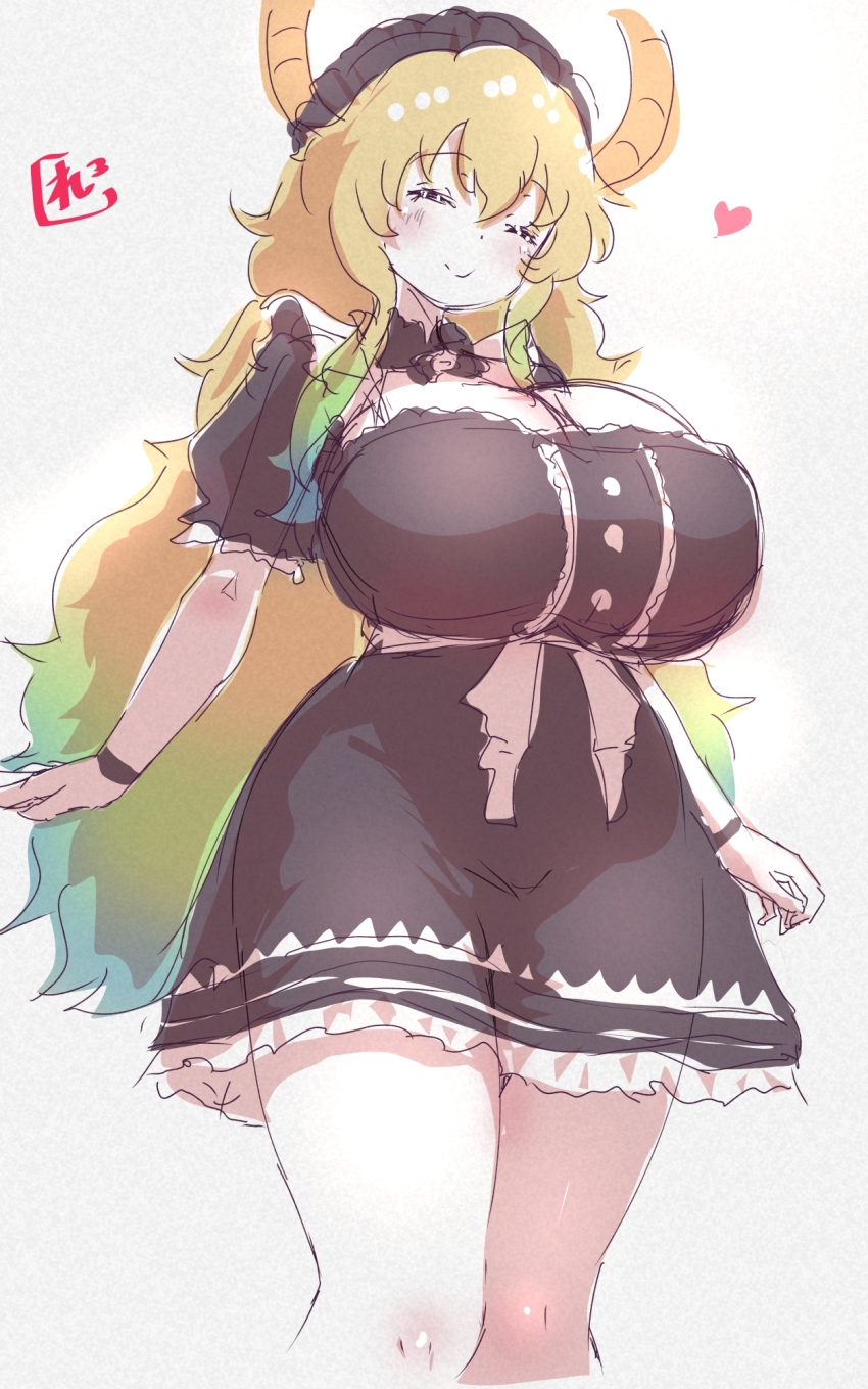 1girl =_= blonde_hair blush breasts brown_coat brown_dress brown_hat cleavage_cutout closed_eyes clothing_cutout coat crossed_bangs dragon_girl dragon_horns dress feet_out_of_frame from_below gradient_hair green_hair hair_between_eyes hat heart highres horns huge_breasts kobayashi-san_chi_no_maidragon long_hair lucoa_(maidragon) multicolored_hair pink_sash puffy_short_sleeves puffy_sleeves reiwa_rerere sash short_sleeves signature simple_background smile solo very_long_hair white_background wristband