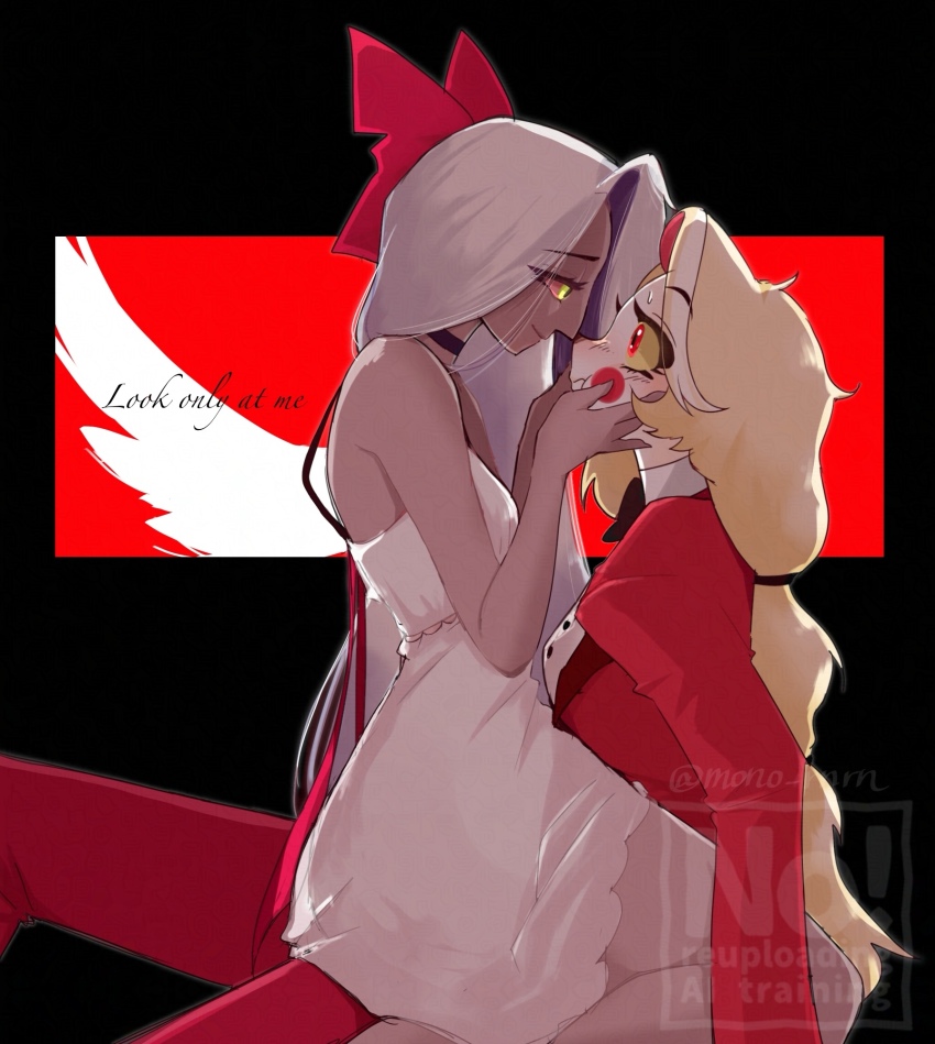 2girls blonde_hair bow charlie_morningstar circle_facial_mark colored_inner_hair colored_sclera colored_skin couple demon_girl eye_contact formal_clothes grey_hair grey_skin hair_bow hands_on_another&#039;s_face hazbin_hotel highres long_hair looking_at_another mono_rnrn multi-tied_hair multicolored_hair multiple_girls nightgown pink_sclera red_suit straddling suit upright_straddle vaggie very_long_hair white_nightgown white_skin yellow_sclera yuri