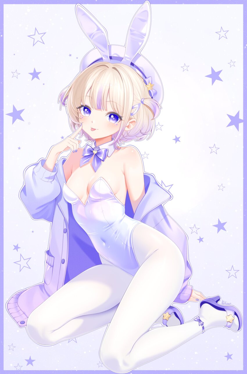 1girl :p absurdres animal_ears bare_shoulders blonde_hair blush bow bowtie breasts commentary covered_navel fake_animal_ears felixkohai fingernails hand_up hat highres hololive hololive_dev_is jacket leotard looking_at_viewer medium_hair multicolored_hair nail_polish off_shoulder pantyhose playboy_bunny purple_bow purple_bowtie purple_eyes purple_jacket purple_nails purple_shoes purple_streaks rabbit_ears shoes signature sitting small_breasts solo star_(symbol) star_in_eye strapless strapless_leotard streaked_hair symbol_in_eye todoroki_hajime tongue tongue_out virtual_youtuber white_hat white_leotard white_pantyhose yokozuwari