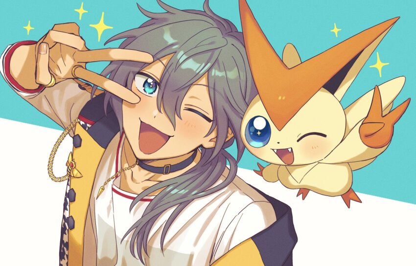 ;3 ;d arm_up bishounen choker ensemble_stars! floating gen_5_pokemon hair_over_shoulder highres jacket lapel_pin legendary_pokemon looking_at_viewer male_focus mythical_pokemon nintendo one_eye_closed open_clothes open_jacket open_mouth otabe_(g0hanpanmen) pokemon pokemon_(creature) shiina_niki single_off_shoulder smile star_(symbol) v victini
