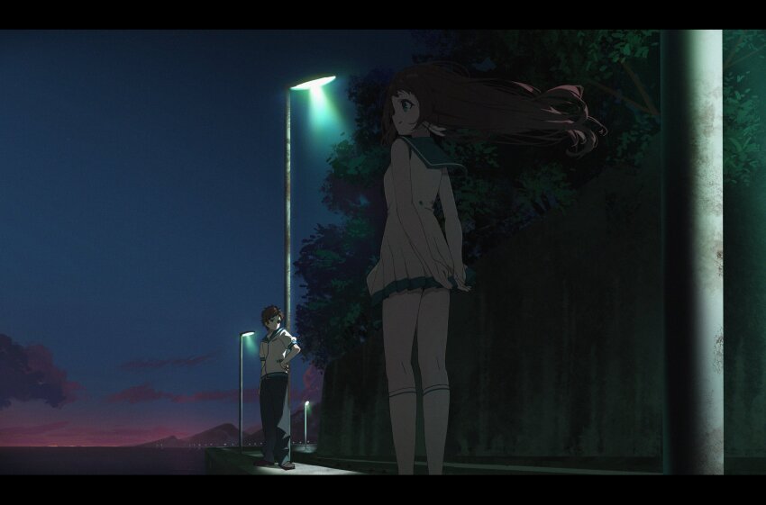 1boy 1girl arms_behind_back black_pants blue_eyes blue_sailor_collar brown_footwear brown_hair cloud dress dunggeul_dunggeul feet_out_of_frame film_grain from_behind full_body hand_on_own_hip hashtag-only_commentary highres jacket kneehighs lamppost letterboxed long_hair looking_to_the_side mountain mukaido_manaka nagi_no_asukara nami_junior_high_school_uniform ocean outdoors pants road sailor_collar sailor_dress sailor_shirt sakishima_hikari school_uniform shirt shore short_hair sidelocks sky sleeveless sleeveless_dress sleeves_rolled_up smile socks spiked_hair standing sunset white_dress white_jacket white_socks
