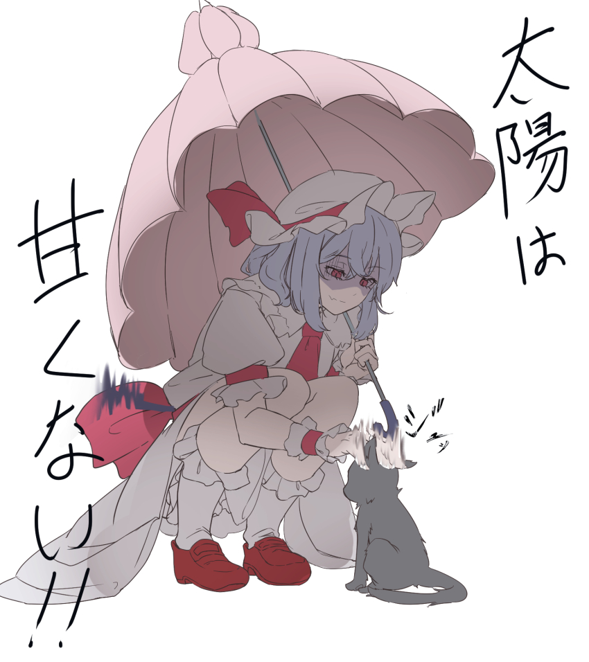 1girl ascot bat_wings black_cat blue_hair cat commentary_request fang full_body hair_between_eyes hat hat_ribbon headpat highres holding holding_umbrella kanaria_(bcomn) mary_janes mob_cap patting pink_hat pink_shirt pink_skirt pink_socks pink_umbrella puffy_short_sleeves puffy_sleeves red_ascot red_eyes red_shoes remilia_scarlet ribbon shirt shoes short_hair short_sleeves simple_background skin_fang skirt skirt_set smile socks solo squatting touhou translation_request umbrella white_background wings wrist_cuffs