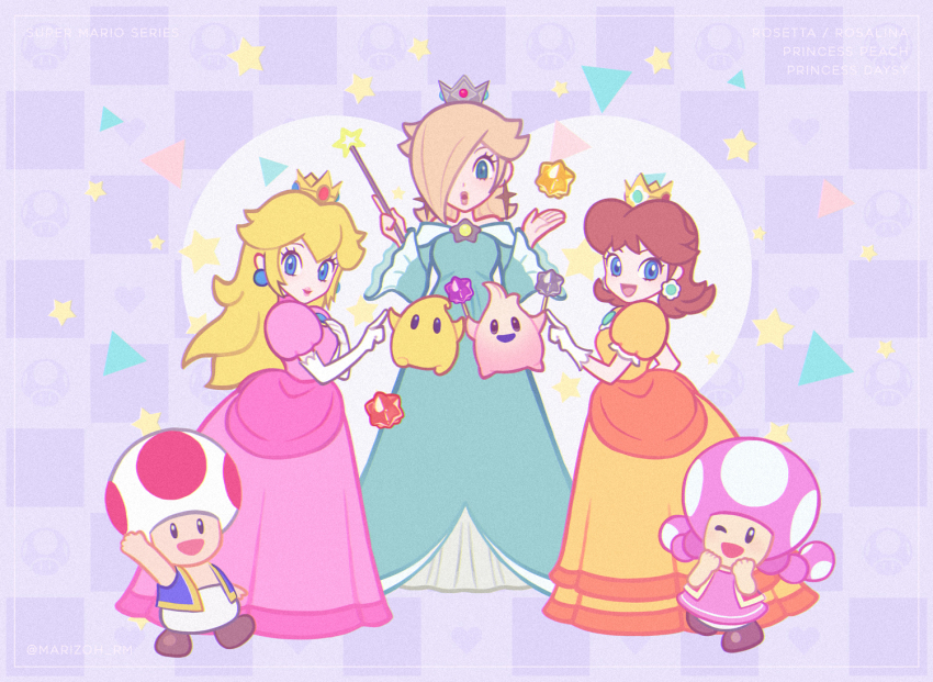 4girls :d ;d arm_up artist_name bare_shoulders blonde_hair blue_dress blue_eyes blue_vest braid breasts brooch brown_footwear brown_hair character_name checkered_background crown dress earrings elbow_gloves eyelashes flipped_hair floating flower_earrings from_side full_body gloves hair_over_one_eye hand_on_own_chest hands_up head_tilt heart heart_background height_difference holding holding_wand hungry_luma_(super_mario_galaxy) index_finger_raised jewelry leg_up lips long_dress long_hair looking_at_viewer luma_(mario) mario_(series) mayuzumi medium_breasts medium_hair multiple_girls mushroom nintendo off-shoulder_dress off_shoulder one_eye_closed open_hand open_mouth orange_dress parted_bangs parted_lips pink_dress pink_lips polka_dot princess princess_daisy princess_peach puffy_short_sleeves puffy_sleeves purple_background red_vest romaji_text rosalina shoes short_dress short_sleeves smile standing star_(symbol) star_bit star_earrings super_mario_bros._1 super_mario_galaxy super_mario_land super_mushroom surprised teeth toad_(mario) toadette triangle twin_braids twintails twitter_username vest wand waving white_gloves yellow_dress