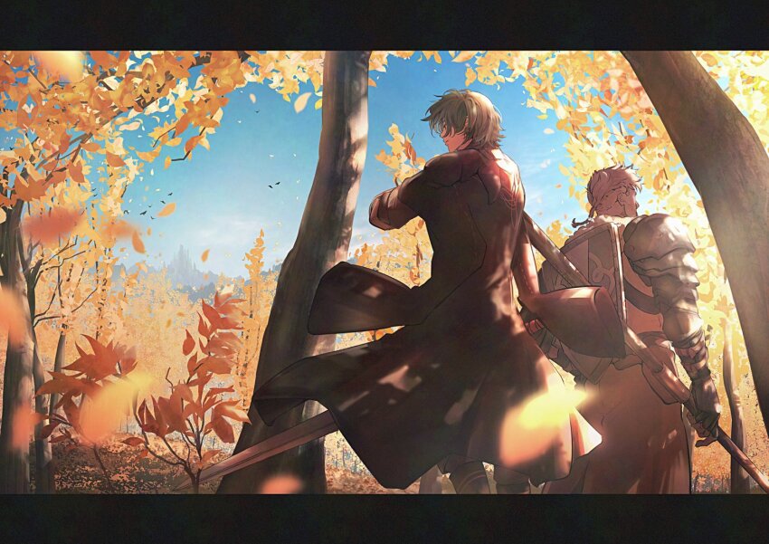 2boys arm_up armor autumn autumn_leaves black_cape black_footwear blonde_hair boots male_byleth_(fire_emblem) cape commentary_request falling_leaves father_and_son fire_emblem fire_emblem:_three_houses floating_clothes forest fur-trimmed_collar fur_trim gloves green_hair holding holding_weapon jeralt_reus_eisner leaf letterboxed male_focus multiple_boys nature nintendo outdoors pauldrons rattail shield shield_on_back shoulder_armor sky sword tree un_faro weapon