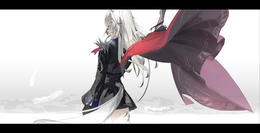 1girl arknights black_gloves black_jacket black_skirt brown_cape cape chinese_commentary closed_mouth clothing_cutout commentary_request cowboy_shot cropped_jacket fashi_laizi_weilai floating_cape from_behind gloves gradient_background grey_background grey_eyes grey_hair grey_tail hand_up high-waist_skirt highres jacket lappland_(arknights) lappland_the_decadenza_(arknights) layered_sleeves light_smile long_hair long_sleeves looking_at_viewer looking_back material_growth miniskirt multicolored_cape official_alternate_costume oripathy_lesion_(arknights) profile red_cape shoulder_pads sideways_glance skirt solo standing tail tail_through_clothes two-sided_cape two-sided_fabric two-tone_cape white_background wolf_tail
