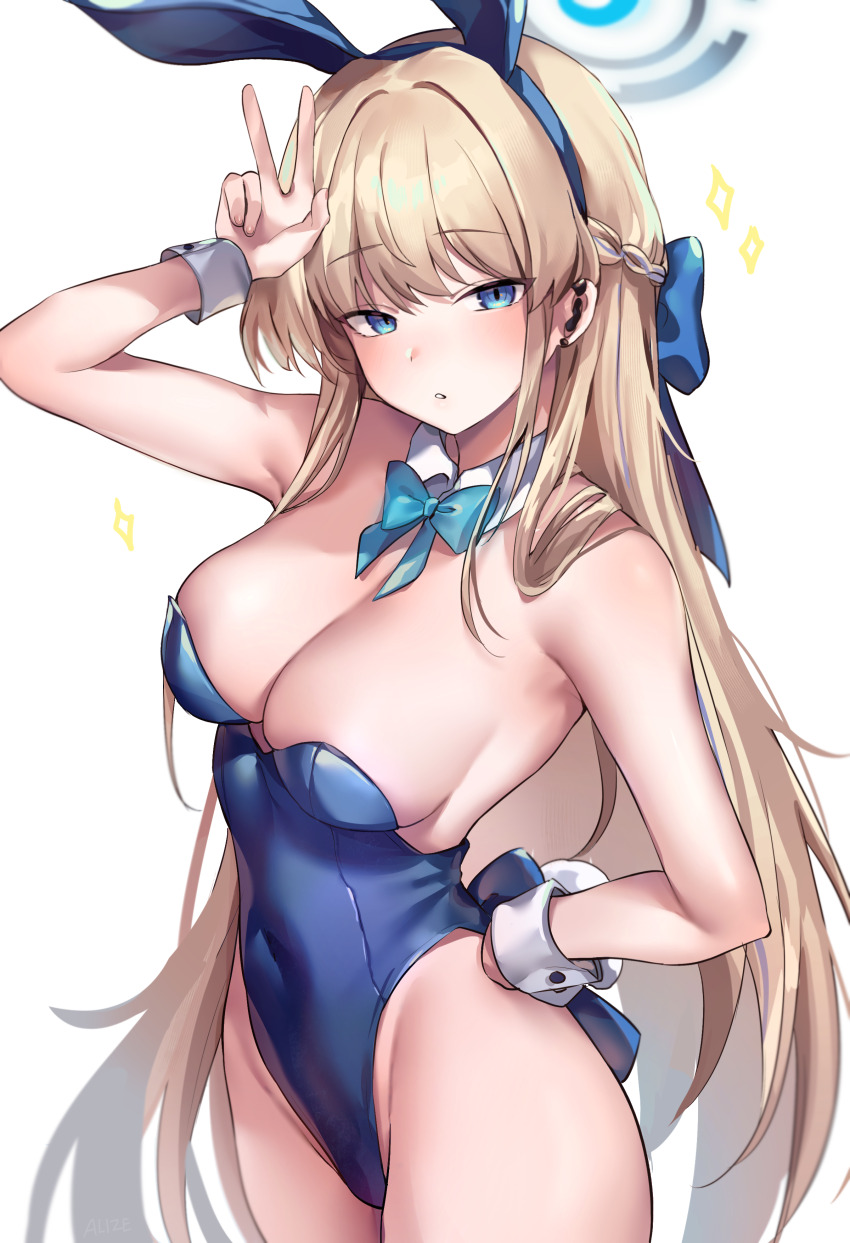 1girl absurdres allze arm_up bare_arms bare_shoulders blonde_hair blue_archive blue_bow blue_bowtie blue_eyes blue_leotard bow bowtie braid breasts cleavage commentary_request covered_navel cowboy_shot detached_collar groin hair_bow half_up_braid highres large_breasts leotard long_hair playboy_bunny solo standing strapless strapless_leotard toki_(blue_archive) toki_(bunny)_(blue_archive) very_long_hair w wrist_cuffs