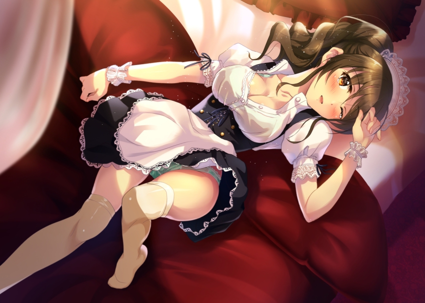 1girl apron blush breasts brown_eyes brown_hair cleavage doubleforty female_focus green_panties large_breasts long_hair looking_at_viewer maid maid_apron moe2015 original panties parted_lips puffy_sleeves sanshita short_sleeves solo tears thighhighs twintails unbuttoned underwear white_thighhighs wrist_cuffs