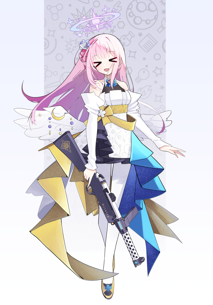 &gt;_&lt; 1girl absurdres bare_shoulders blue_archive detached_sleeves dress feathered_wings floating_hair full_body gun halo highres holding holding_gun holding_weapon ji-rex long_hair low_wings mika_(blue_archive) open_mouth overskirt pantyhose pink_hair sash shoes simple_background sleeveless sleeveless_dress solo weapon white_dress white_pantyhose wings yellow_sash yellow_shoes
