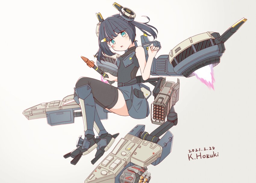 1girl absurdres battle_of_titans blue_eyes blue_hair chest_armor dark_blue_hair flying headgear highres holding holding_missile hozukikasumi low_twintails mecha_musume mechanical_legs mechabare missile missile_pod multishot_rocket_launcher personification rocket_launcher skirt thighhighs thrusters twintails weapon white_background