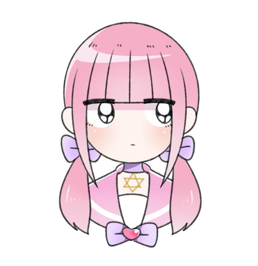 1girl alternate_hairstyle black_eyes blunt_bangs bow bowtie choker closed_mouth expressionless ezaki_bisuko hair_bow heart hexagram jewelry jitome light_blush looking_to_the_side low_twintails medium_hair menhera-chan_(ezaki_bisuko) menhera-chan_(ezaki_bisuko)_(character) necklace pink_sailor_collar purple_bow purple_bowtie purple_choker sailor_collar sidelocks simple_background solo star_of_david twintails upper_body white_background