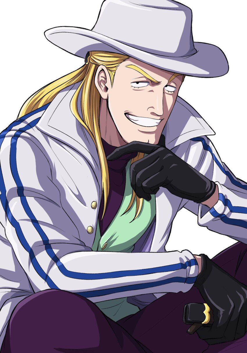 0513_0716 1boy black_gloves blonde_hair clenched_teeth commentary_request gloves green_vest half_updo hat helmeppo highres jacket long_hair looking_at_viewer male_focus one_piece simple_background sitting smile solo teeth vest white_background white_hat
