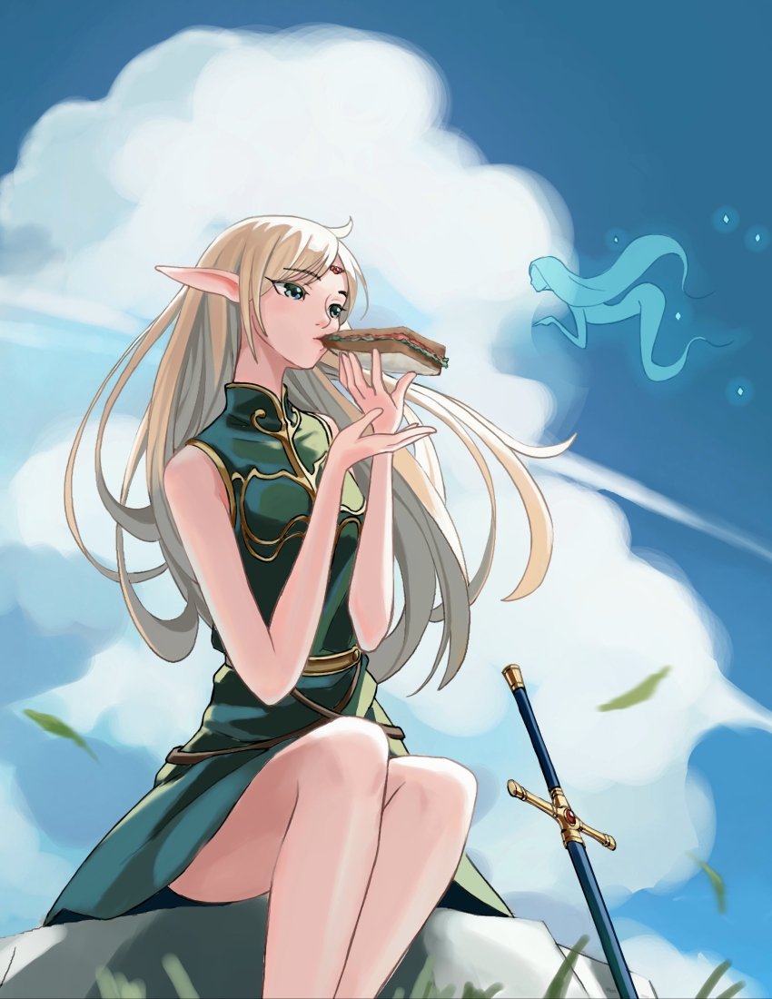 1girl absurdres bare_arms bare_legs blonde_hair breasts cloud deedlit dress eating elf food green_dress green_eyes highres holding holding_food long_hair long_pointy_ears medium_breasts pointy_ears record_of_lodoss_war sandwich shirt sky sleeveless sleeveless_shirt sword trashpanda_11b weapon