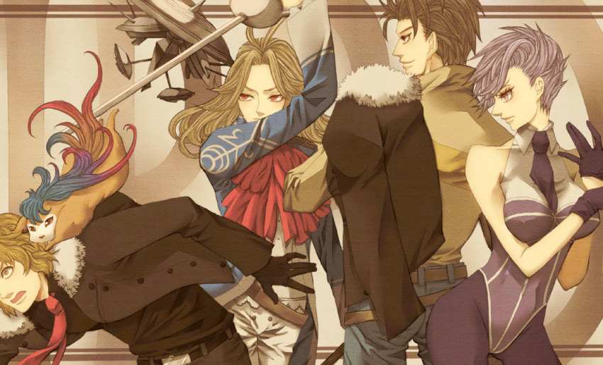 1girl bad_id bad_pixiv_id blonde_hair breasts cotton_(saga_frontier) doll_(saga_frontier) fuse_(saga_frontier) long_hair mecha multiple_boys nama_(na-ma) necktie rabbit_(saga_frontier) robot saga saga_frontier short_hair silence_(saga_frontier) sword weapon